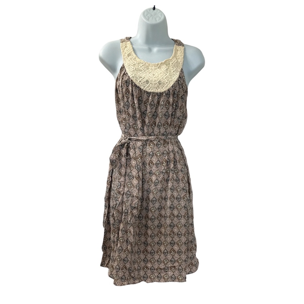 Sunner by Anthro Silk Geometric Print Dress Crochet Lace Bib Brown Tan Medium